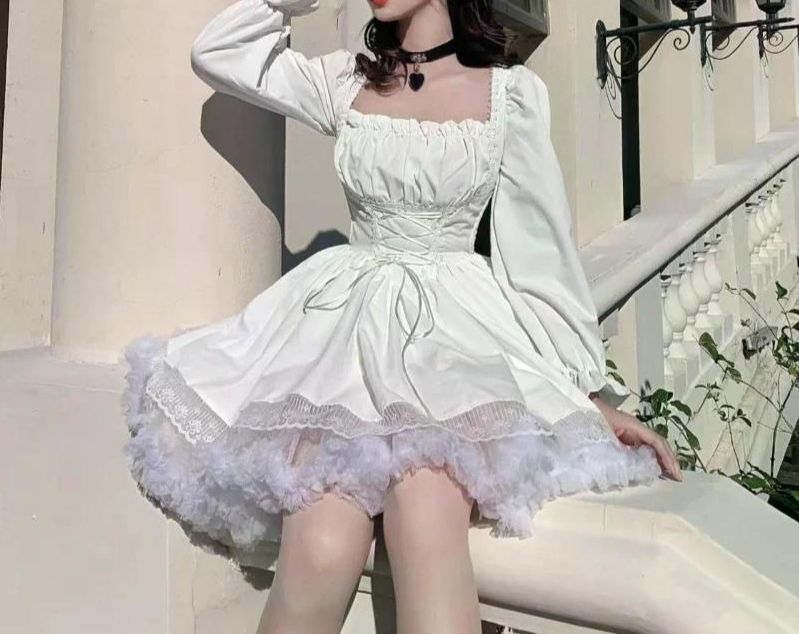 화이트 로리타 드레스 귀여운 빈티지 긴팔 미니 블랙 고딕 붕대 레이스 패치워크 스트리트웨어 스퀘어 칼라 Black S - 상세 이미지 2