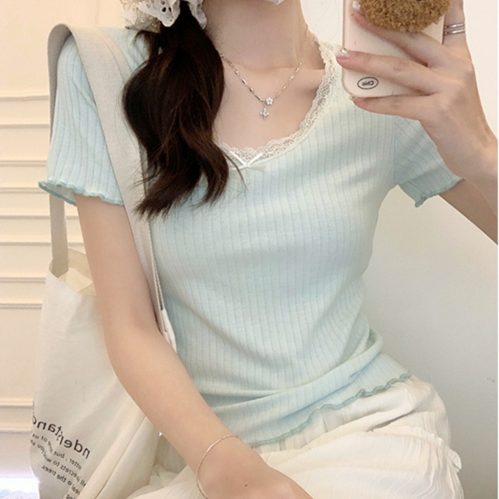 라운드넥 레이스 반팔티 리본장식 물결소매 레이어드 청순 이너 패션 코디 3컬러 - 상품 이미지