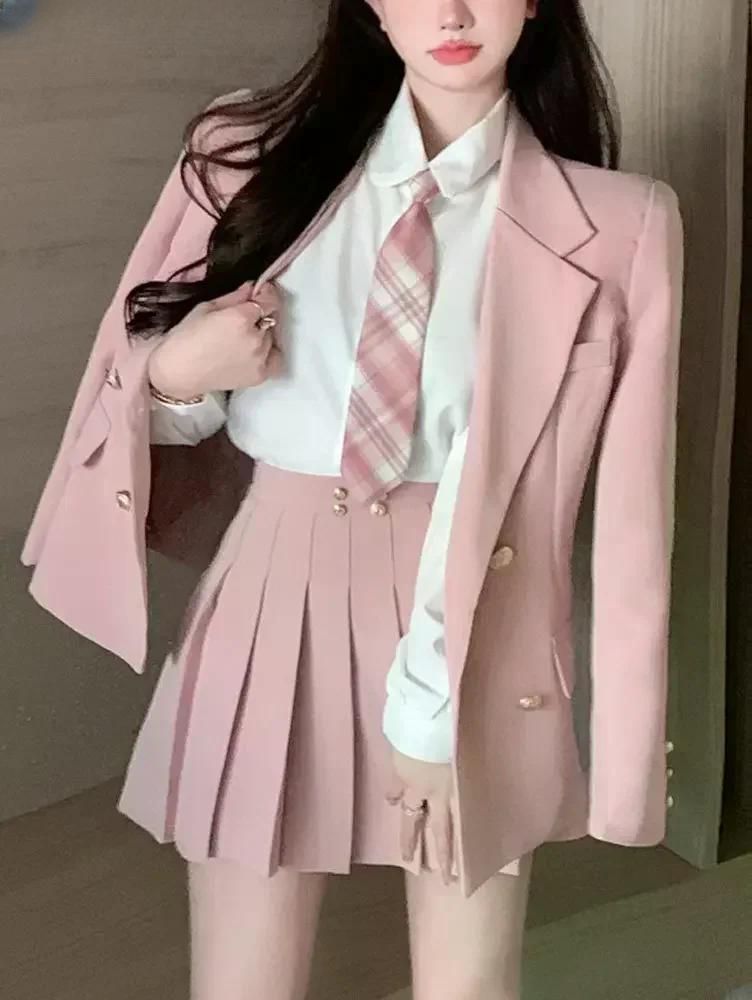 일본 학생 교복 패션 스위트 블레이저 여학생 유니폼 섹시한 카와이 미니 플리츠 스커트 핑크 JK 세트 S
