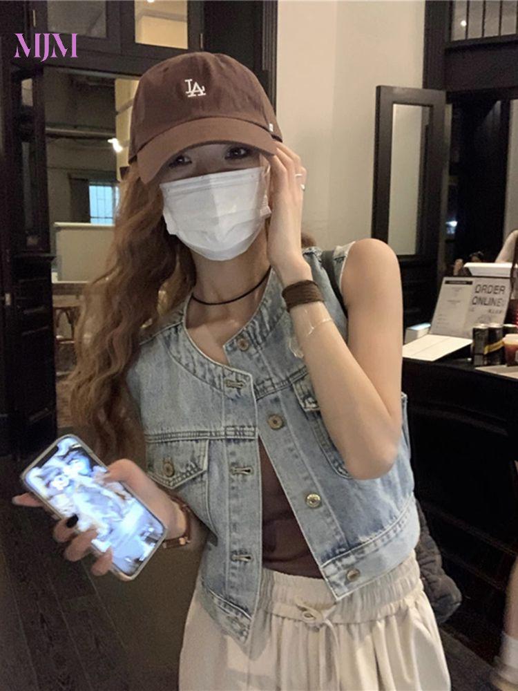 청조끼 민소매  연청 데님 노카라 여성 조끼 여성 : Hannah-Mall