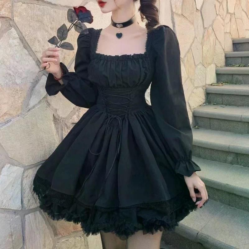화이트 로리타 드레스 귀여운 빈티지 긴팔 미니 블랙 고딕 붕대 레이스 패치워크 스트리트웨어 스퀘어 칼라 Black S - 상세 이미지 4
