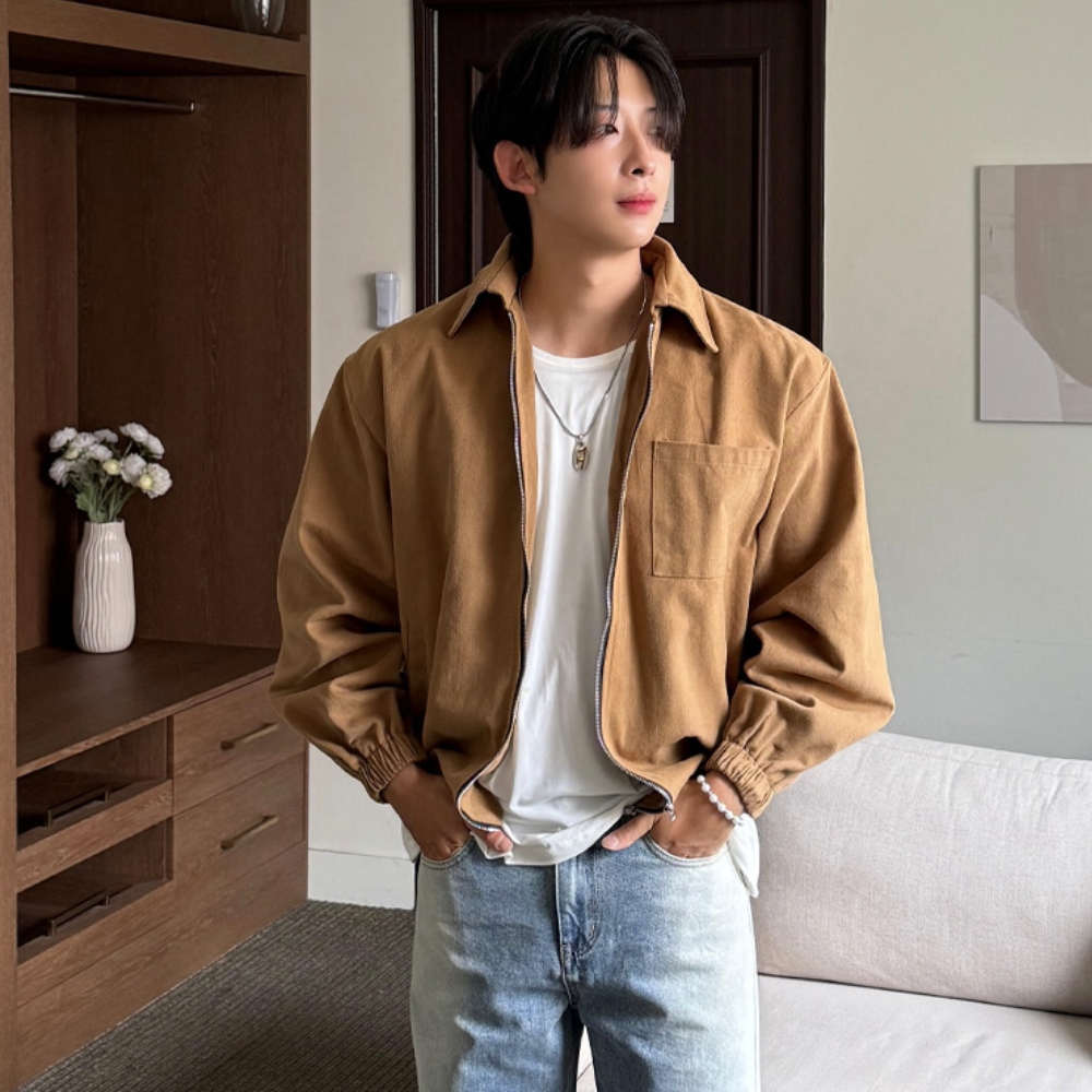 남자 투알 오버핏 봄 가을 면 카라 블루종 집업 자켓 - 상세 이미지 2