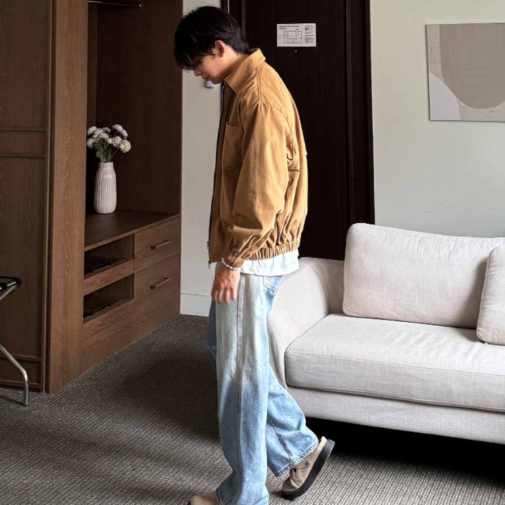 남자 투알 오버핏 봄 가을 면 카라 블루종 집업 자켓 - 상세 이미지 4