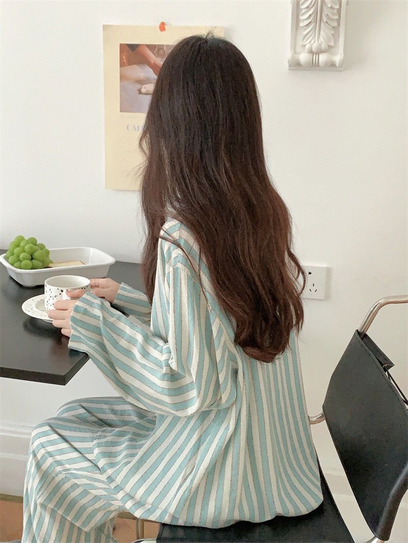 민티 잠옷세트 오버핏 루즈핏 스트라이프 긴팔 파자마 사계절 홈웨어 - 상세 이미지 5