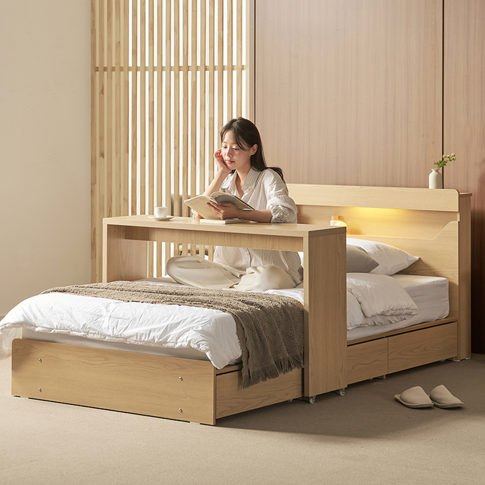 문스테이 LED조명 수납 침대 SS+베이직 매트리스+베드테이블 세트 방문설치