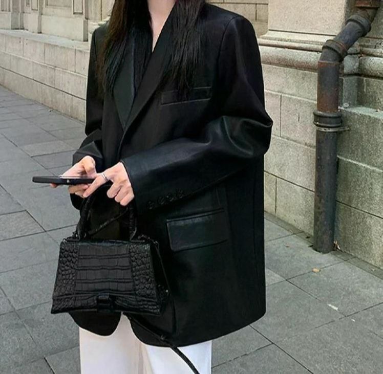 여친룩 데이트룩 여성용 가죽 재킷 캐주얼 블랙 펑크 인조 코트 우아한 아웃웨어 블레이저 Black S - 메인 이미지