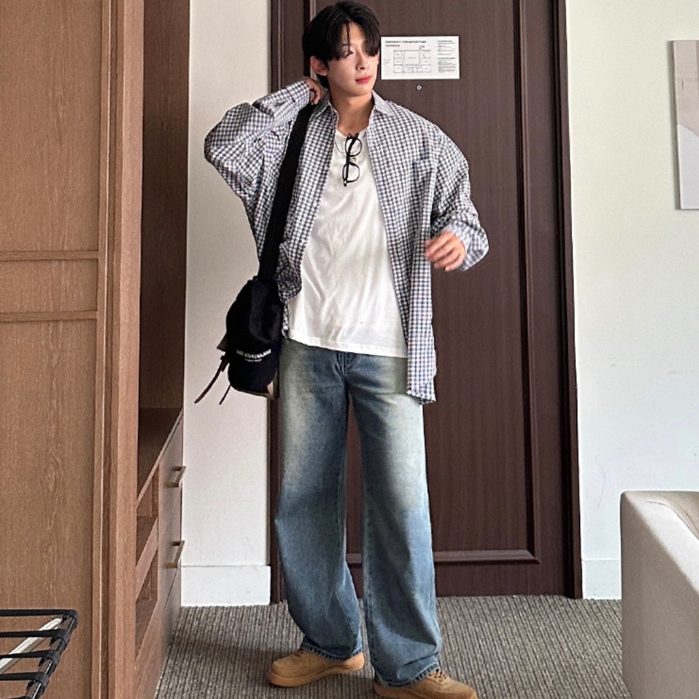 남자 베알 봄 가을 사계절 사이드 브러쉬 워싱 와이드 데님 이미지 8