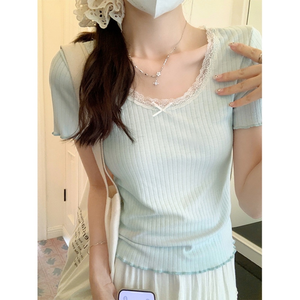 라운드넥 레이스 반팔티 리본장식 물결소매 레이어드 청순 이너 패션 코디 3컬러 - 상세 이미지 2