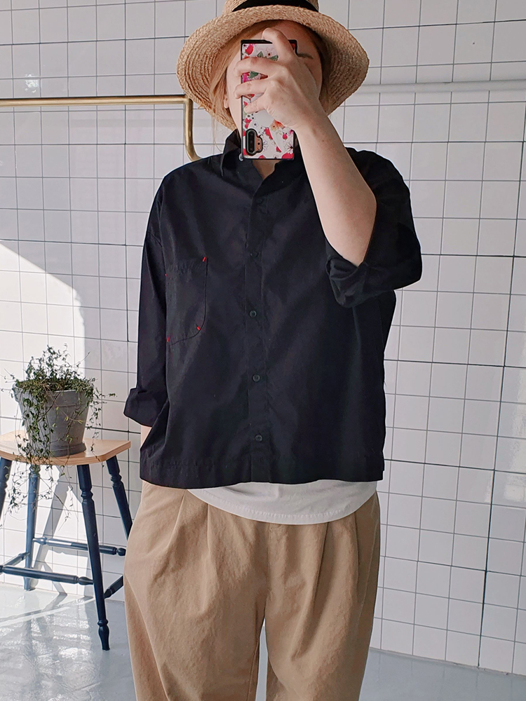 (무배) 오버핏 레드 스티치 면 남방셔츠