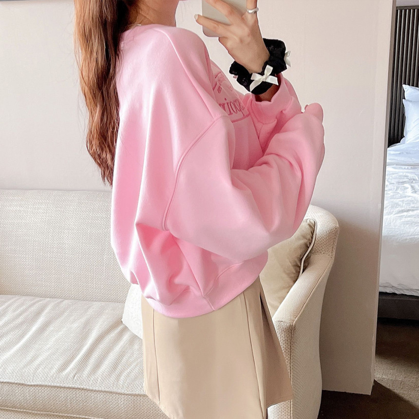 자수 세미 크롭 여성 맨투맨 티셔츠 핑크색 하늘색 티