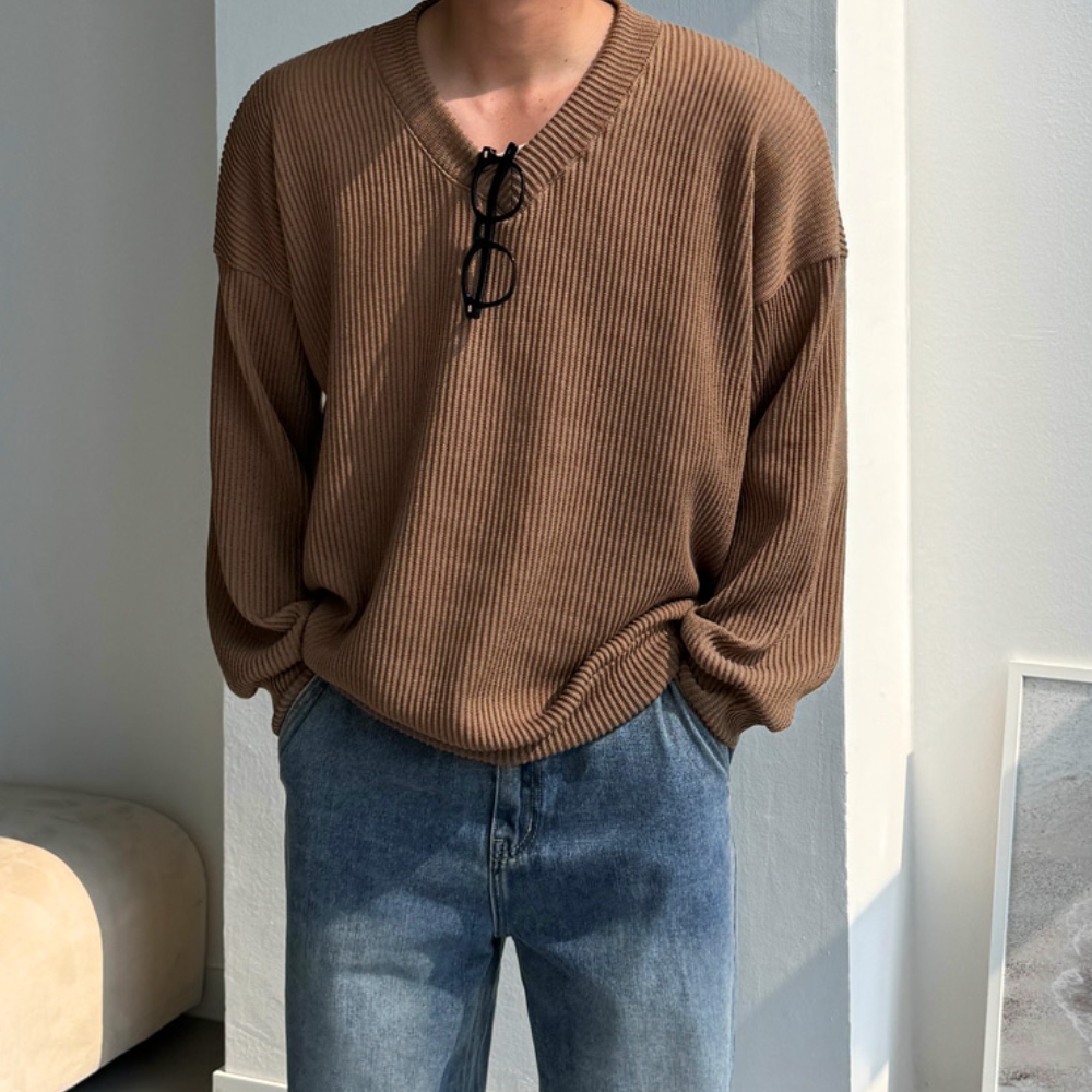 1+1 남자 엘구 오버핏 봄 가을 골지 브이넥 맨투맨 - 상세 이미지 5