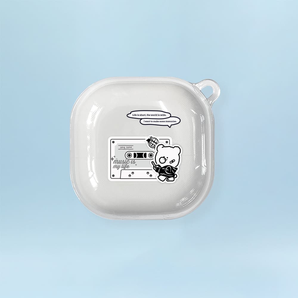 갤럭시 버즈라이브 케이스 FE 심플 투명 카세트 테이프 곰찌
