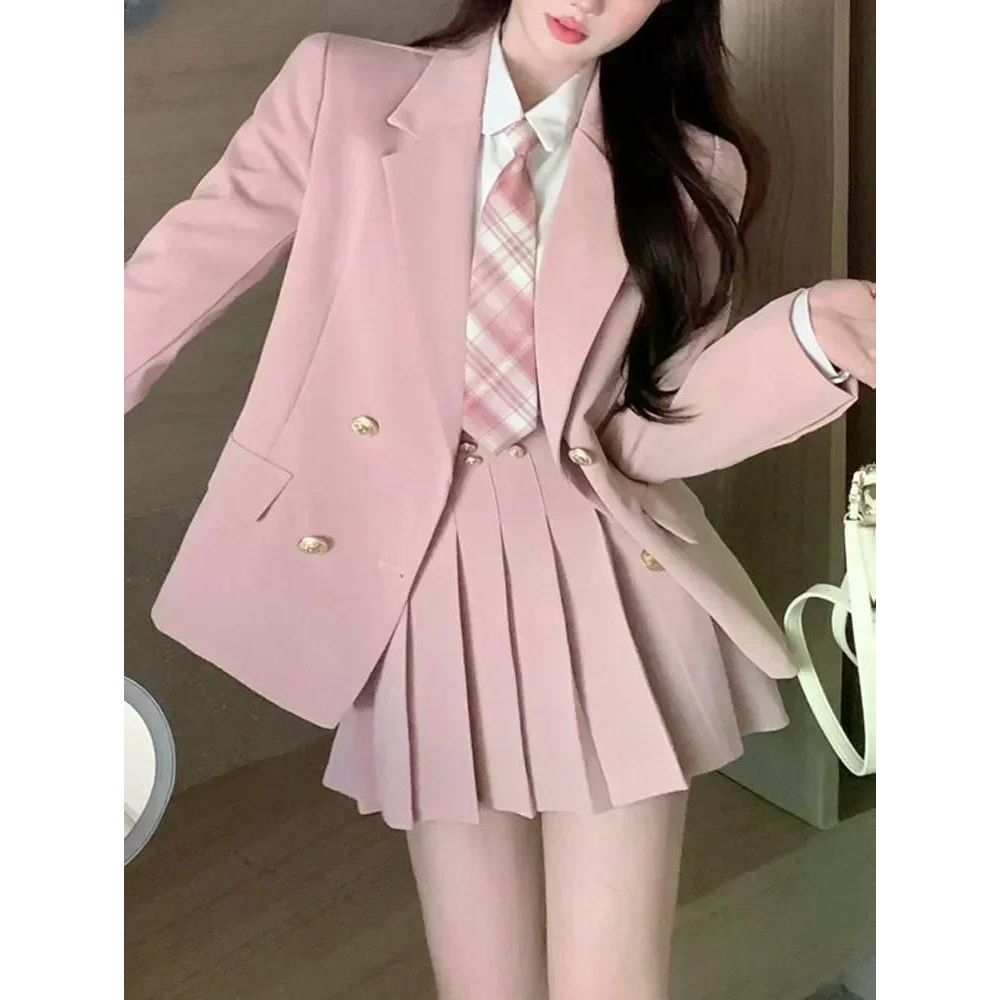 일본 학생 교복 패션 스위트 블레이저 여학생 유니폼 섹시한 카와이 미니 플리츠 스커트 핑크 JK 세트 S