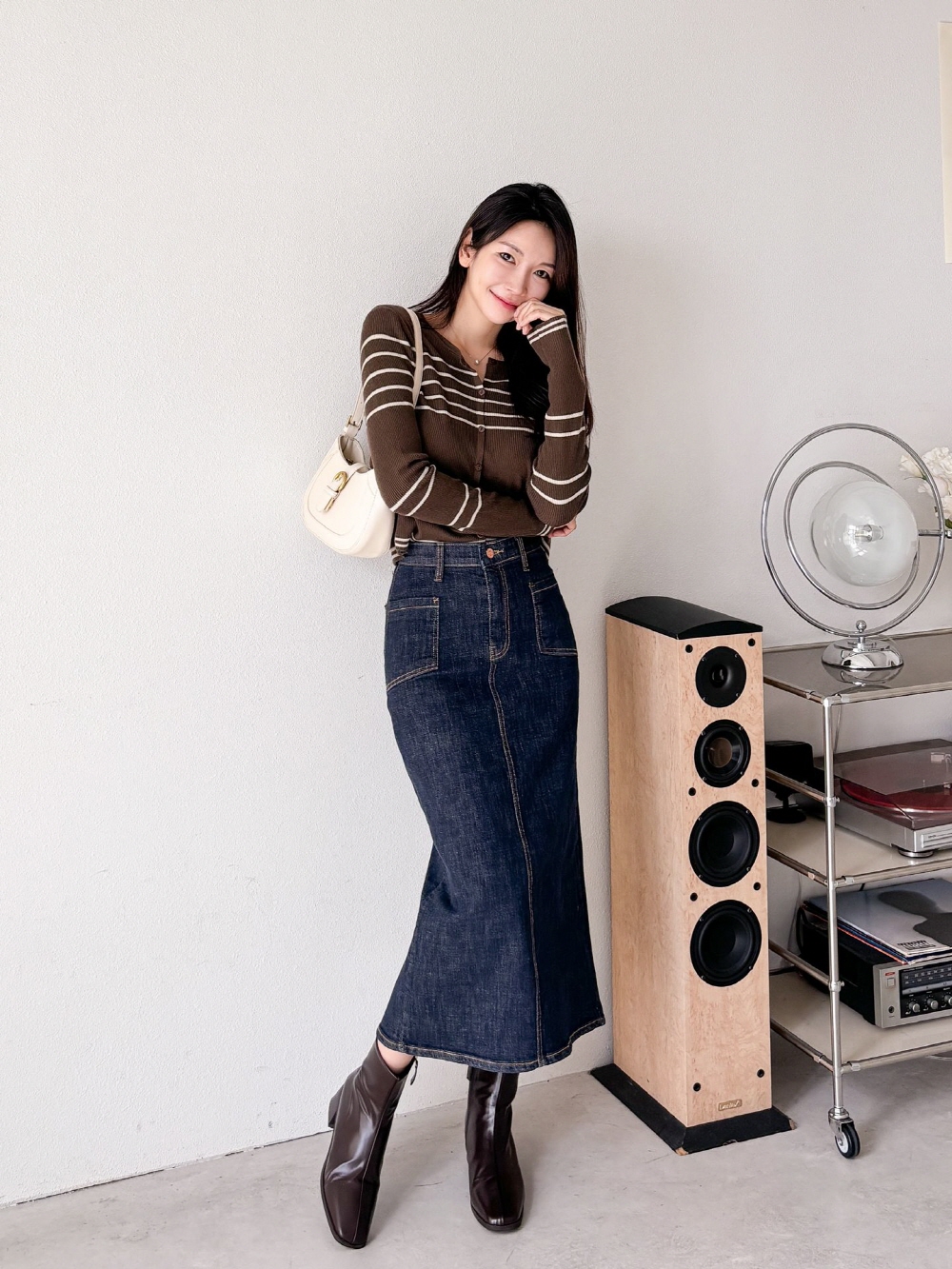 청치마 생지 논페이드 데님스커트 밴딩 스판 롱 스커트 코디 - 상세 이미지 5
