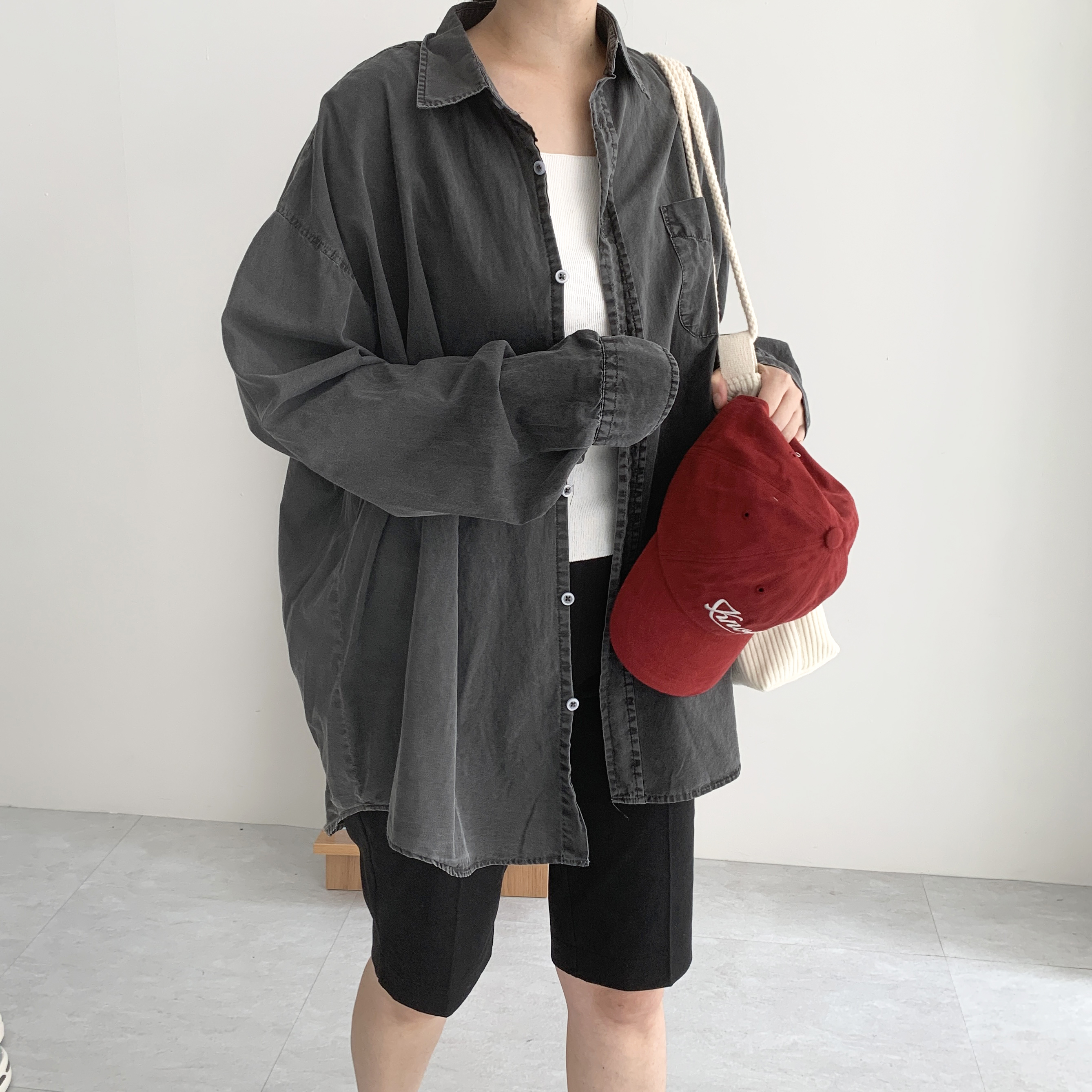 피그먼트셔츠 가을 오버핏셔츠 차콜 핑크셔츠 - 상품 이미지