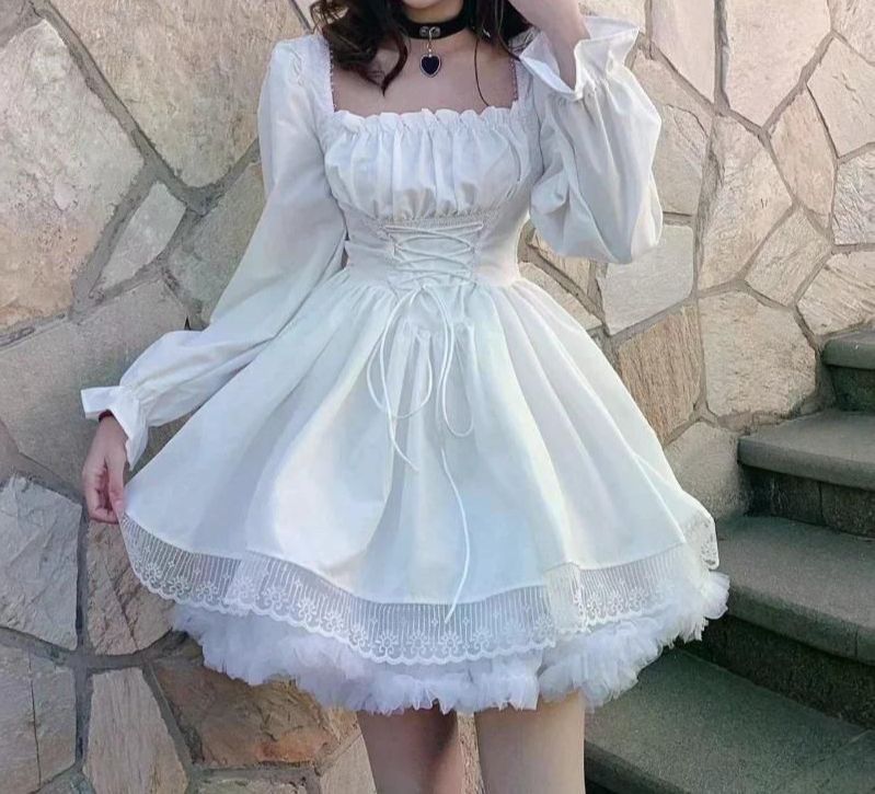 화이트 로리타 드레스 귀여운 빈티지 긴팔 미니 블랙 고딕 붕대 레이스 패치워크 스트리트웨어 스퀘어 칼라 Black S - 상세 이미지 3