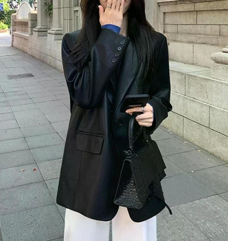 여친룩 데이트룩 여성용 가죽 재킷 캐주얼 블랙 펑크 인조 코트 우아한 아웃웨어 블레이저 Black S - 상세 이미지 2
