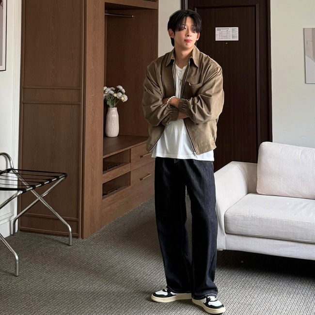 남자 베투 봄 가을 사계절 논페이드 원턱 생지 와이드 데님 - 상세 이미지 3