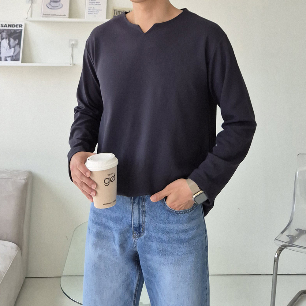 무지 티셔츠 빅사이즈 오버핏 브이넥 흰티 남자 긴팔티 - 상세 이미지 4