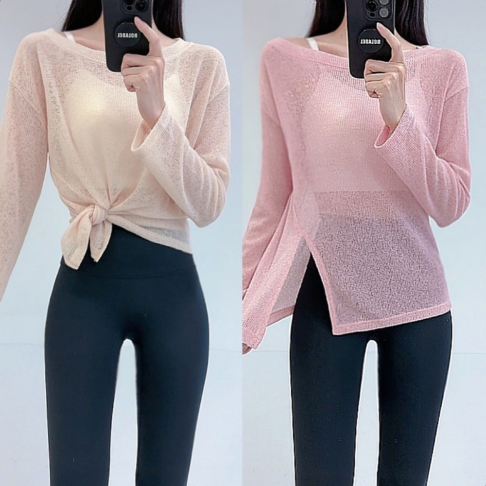 로라벨 젠코 필라테스복 여성 요가복 필라테스 요가 상의 옷 긴팔 티셔츠 시스루 트임 긴팔 - 상품 이미지
