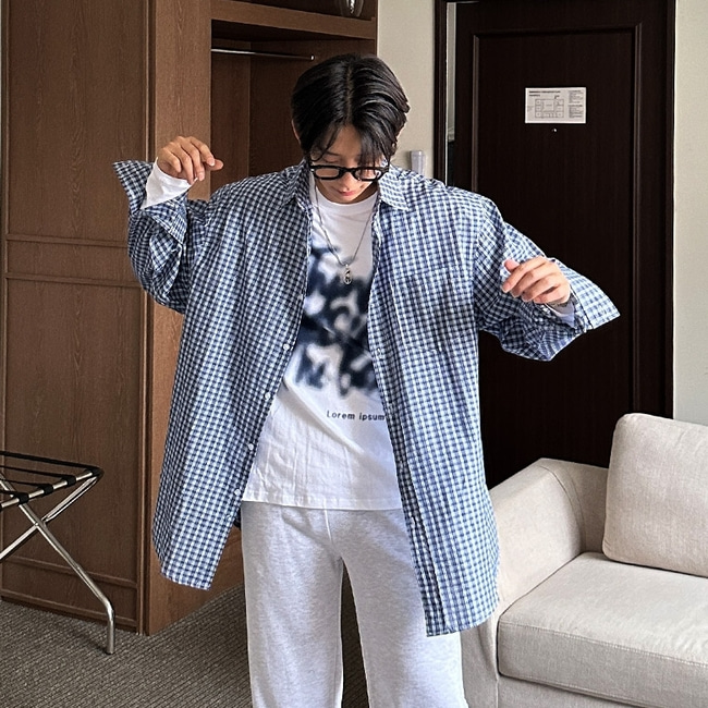 남자 렉브 박스 오버핏 봄 가을 면 체크 셔츠 남방 - 메인 이미지