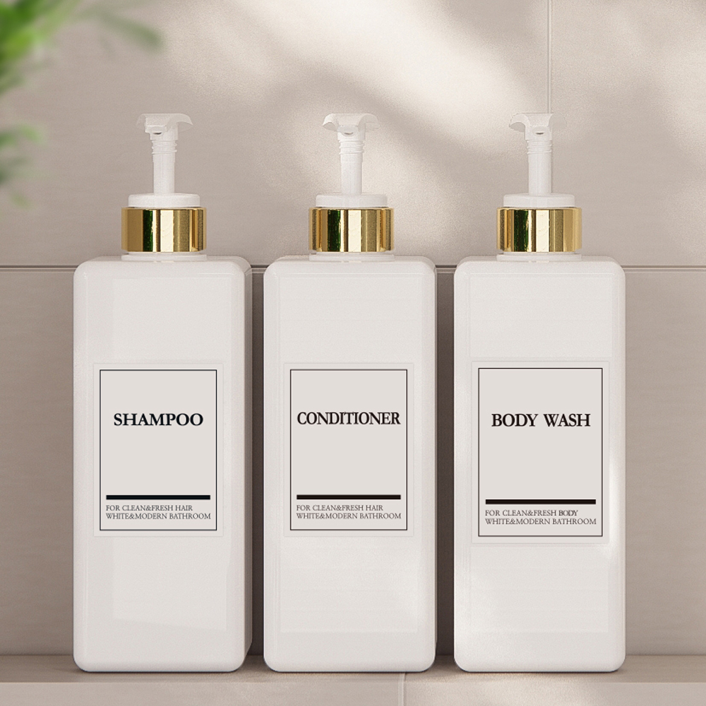 샴푸통 세제 디스펜서 욕실 3종 샴푸디스펜서 800ml 골드펌프 영문 리필용기 3set - 상품 이미지