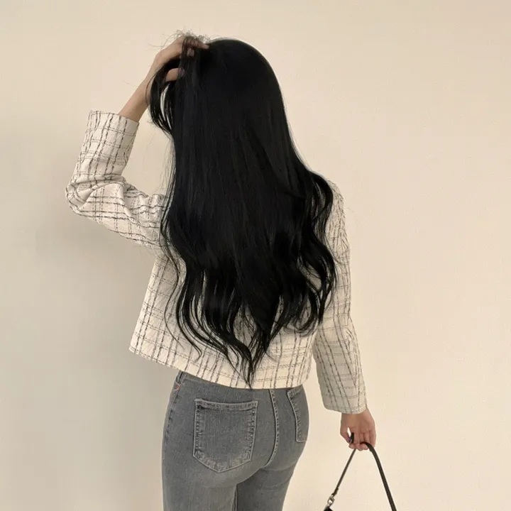 크롭 체크 자켓 격자 트위드 숏기장 - 상세 이미지 3