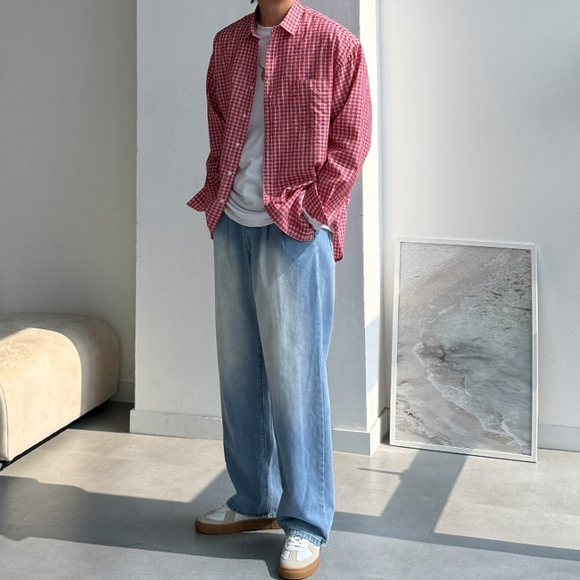 남자 렉브 박스 오버핏 봄 가을 면 체크 셔츠 남방 - 상세 이미지 5