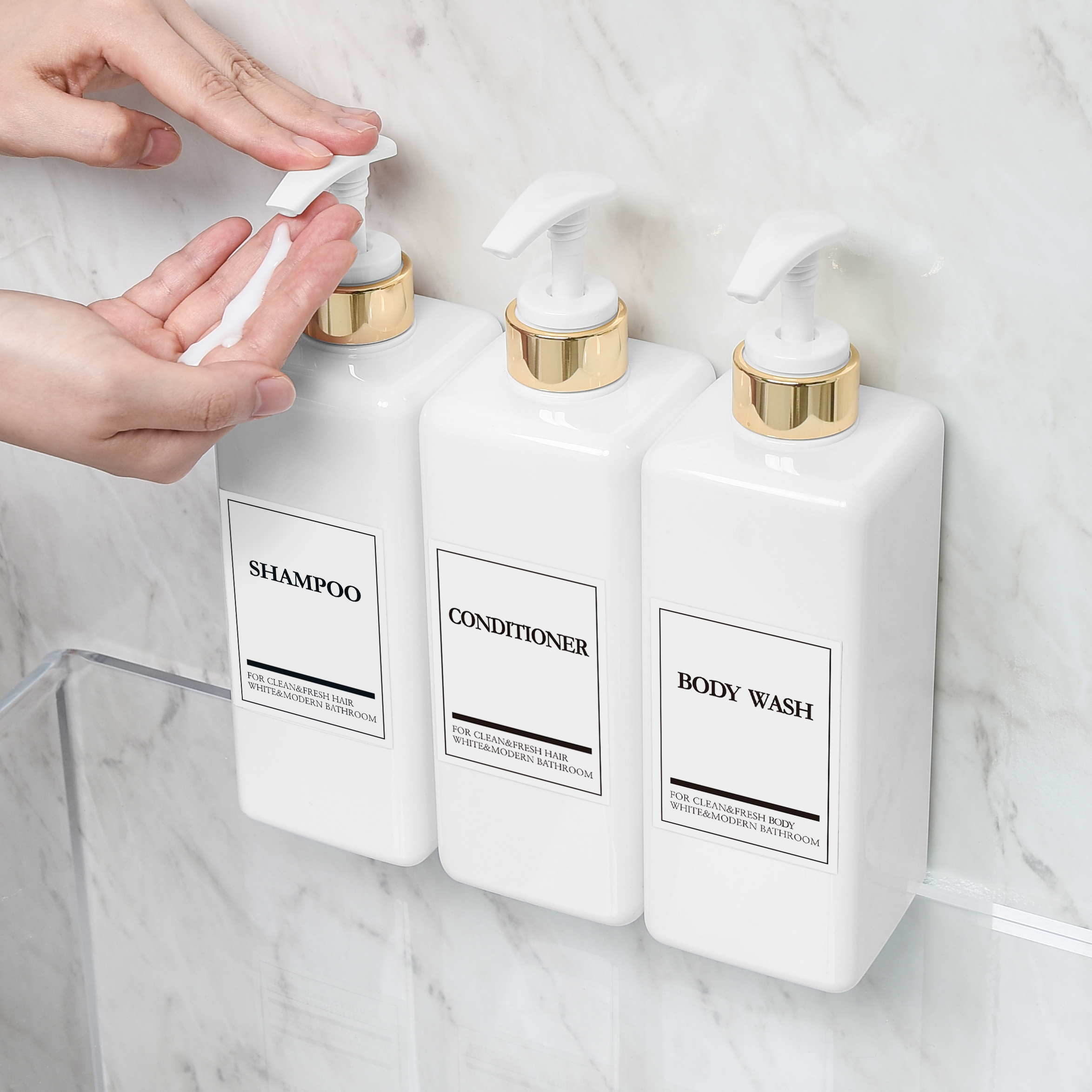 샴푸통 세제 디스펜서 욕실 3종 샴푸디스펜서 800ml 골드펌프 영문 리필용기 3set - 상세 이미지 2