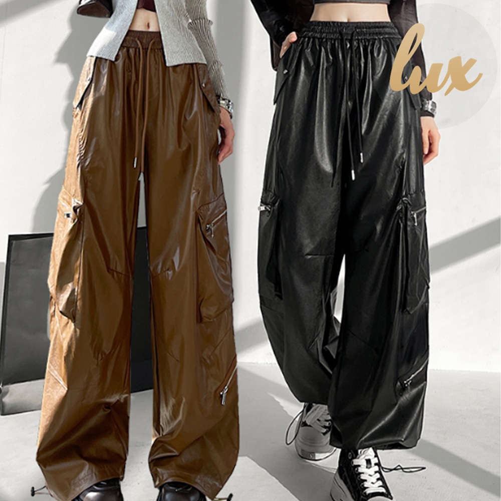 가죽 슬랙스 헐렁한 루즈핏 여성 오토바이 레더 팬츠 - 상품 이미지