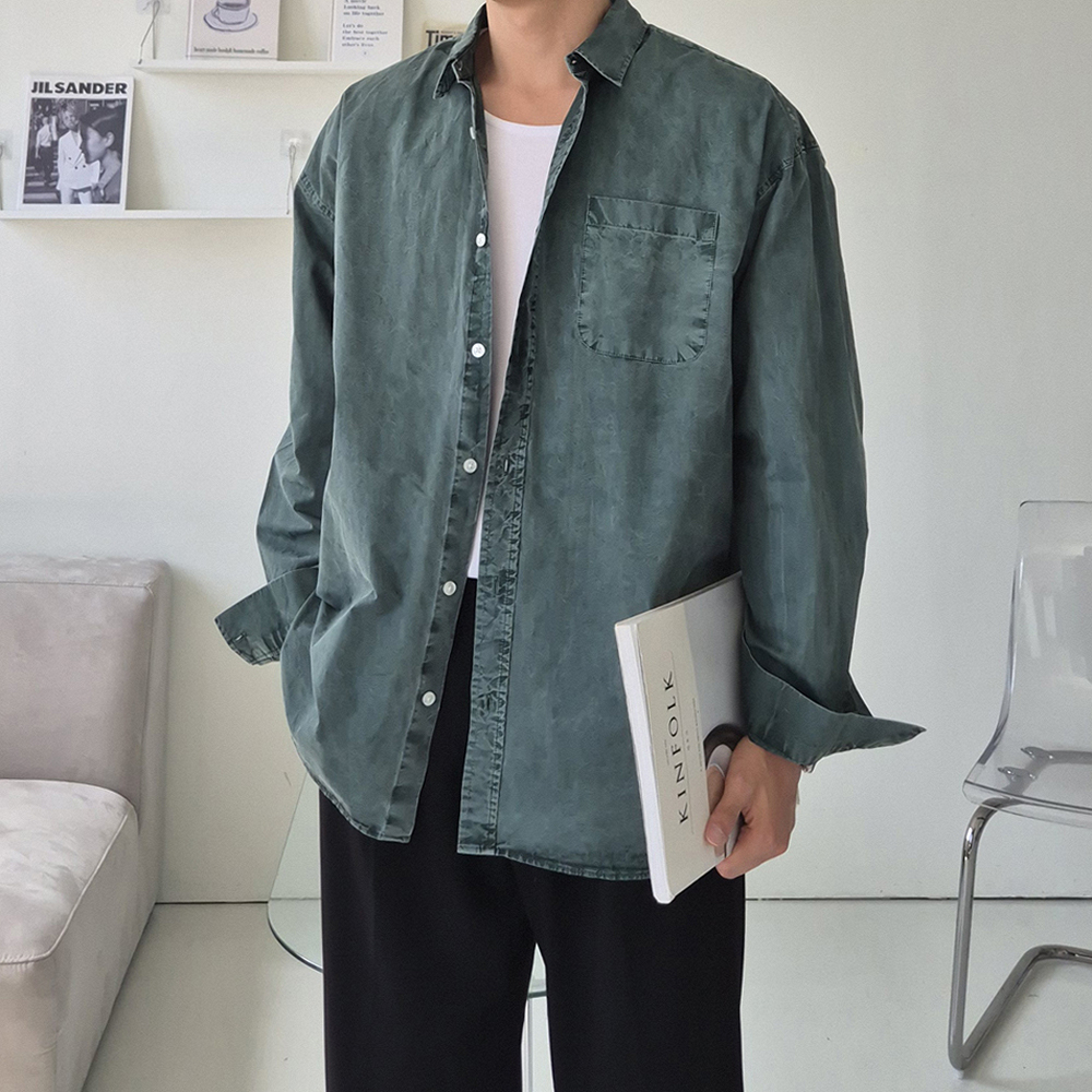 남자 오버핏 셔츠 피그먼트 봄 가을 남방 남자 셔츠 - 상세 이미지 2