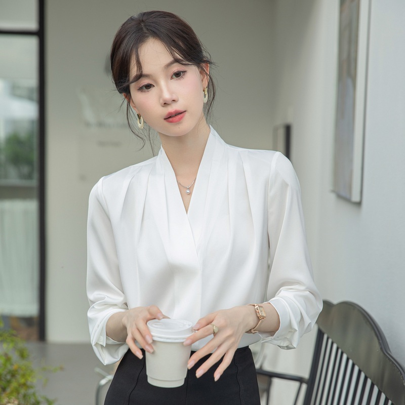 프렌치 블라우스 쉬폰 시폰 여성스러운 넥라인 - 상세 이미지 3