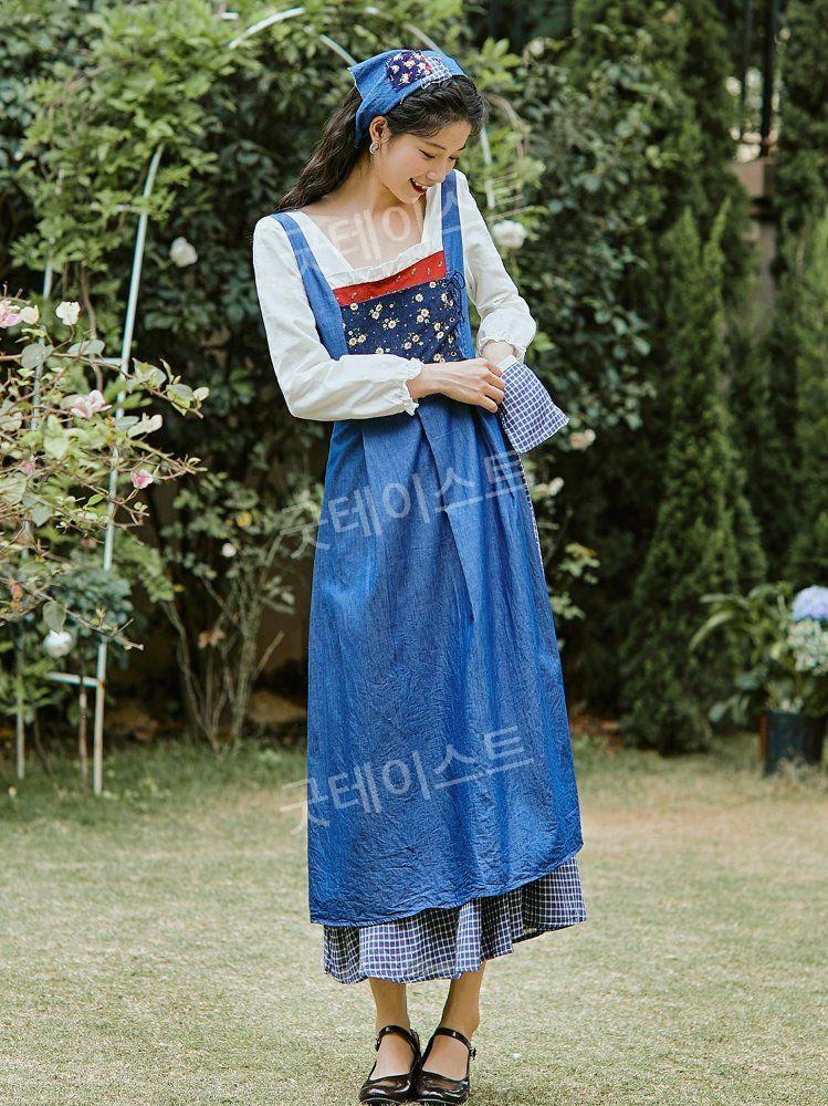 프랑스 목가적 복고풍 소녀 원피스 연극무대의상 빈티지 데님 코스프레 졸업사진 로얄 블루 S - 상세 이미지 2