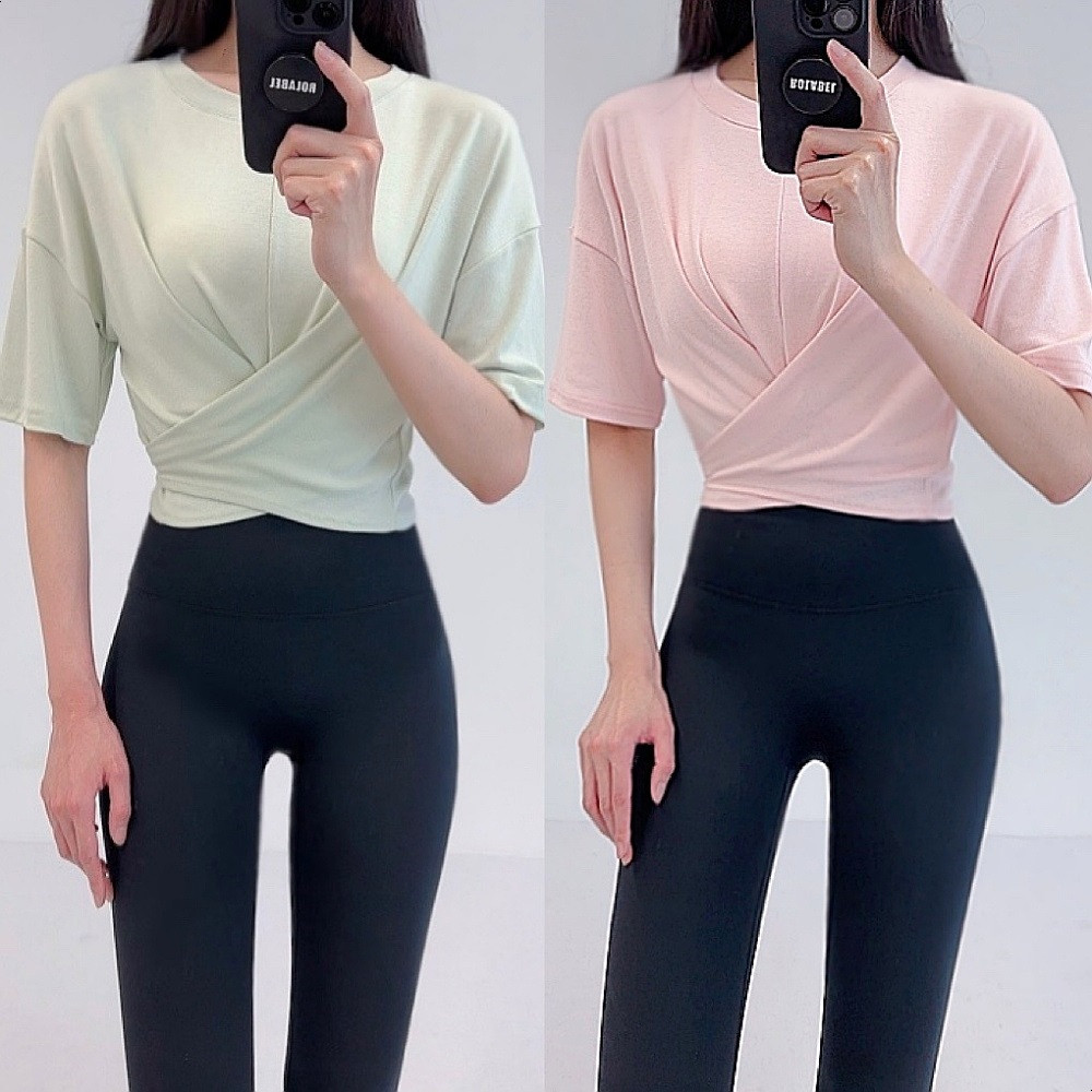 로라벨 아라 필라테스복 여성 요가복 필라테스 요가 상의 옷 커버업 운동복 탑 반팔 크롭 - 상품 이미지