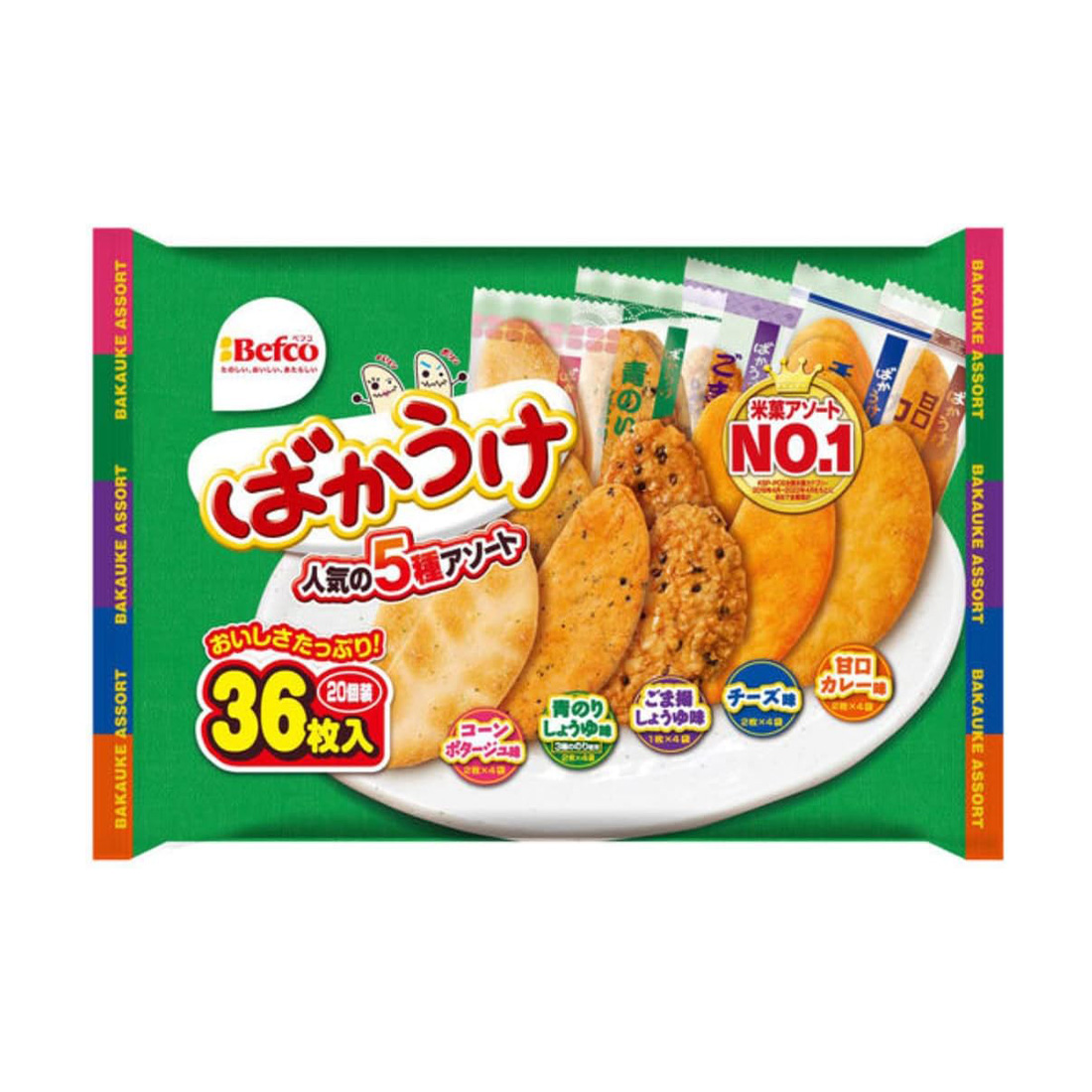 Befco 바카우케 센베이 5종류 세트 36매입 패밀리팩 일본직구 옥수수 파래 참깨 치즈 카레