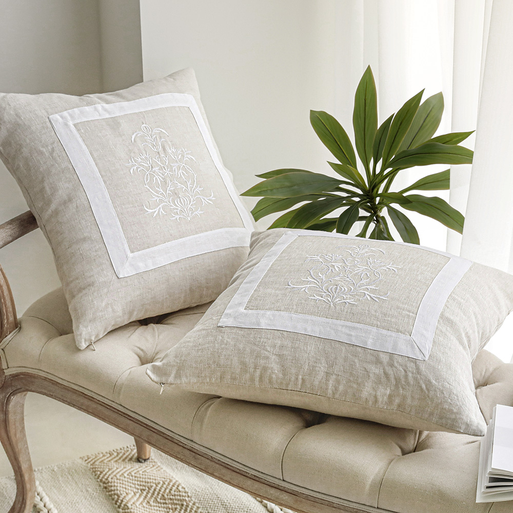 쟈드 네츄럴 린넨 고급 자수 쿠션 거실 북유럽 인테리어 엔틱 커버