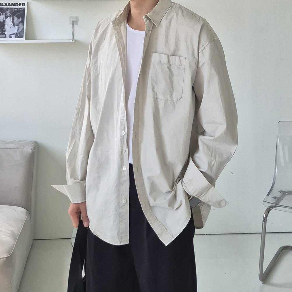 남자 오버핏 셔츠 피그먼트 봄 가을 남방 남자 셔츠 - 상세 이미지 4