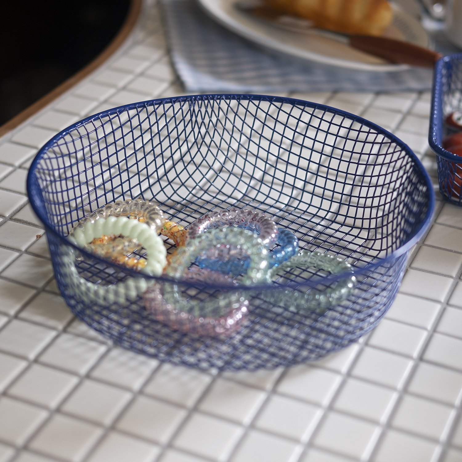 레트로 파스텔톤 철제 원형 바스켓 과일 바구니 주방 정리 와이어 수납함