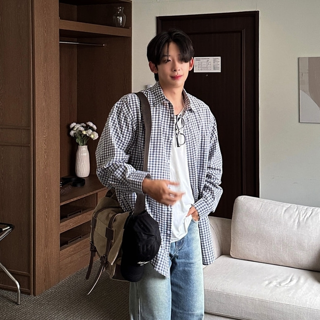 남자 렉브 박스 오버핏 봄 가을 면 체크 셔츠 남방 - 상세 이미지 3