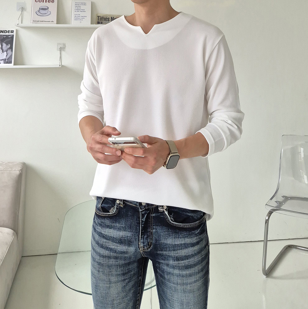 무지 티셔츠 빅사이즈 오버핏 브이넥 흰티 남자 긴팔티 - 상세 이미지 2