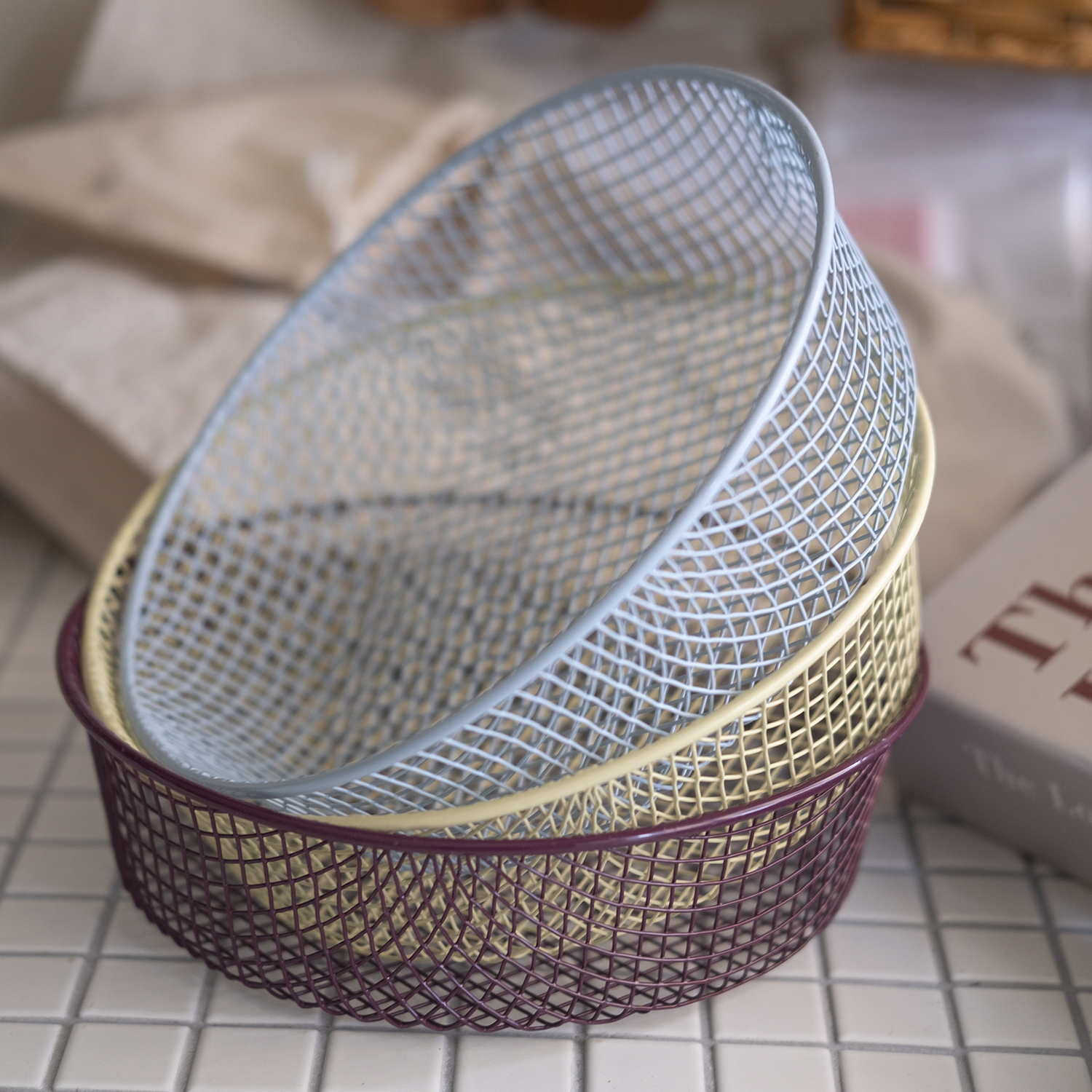 레트로 파스텔톤 철제 원형 바스켓 과일 바구니 주방 정리 와이어 수납함