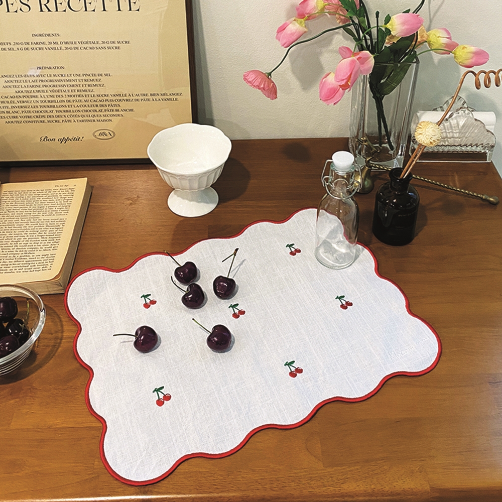 린넨 체리자수 식탁매트 스칼럽테두리 감성 테이블 러너 테이블보 홈카페 소품-화이트 이미지 6