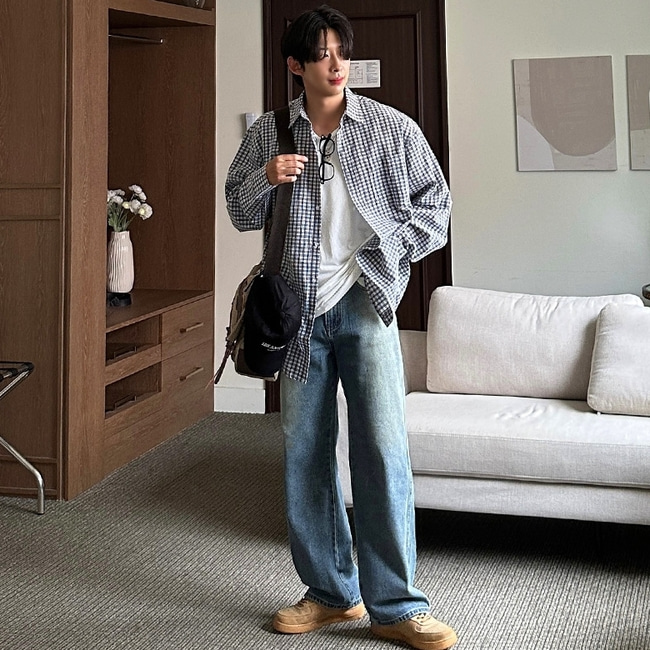 남자 렉브 박스 오버핏 봄 가을 면 체크 셔츠 남방 - 상세 이미지 3