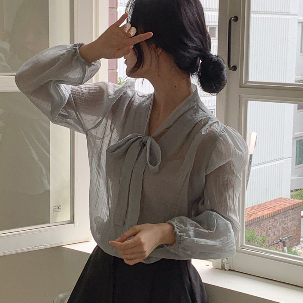 리본 타이 쉬폰 시스루 블라우스 브이넥 주름블라우스 - 상세 이미지 4