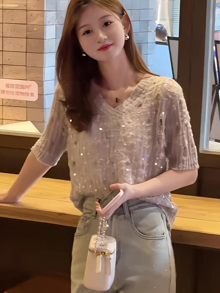 브이넥 스팽글 반팔 니트 시스루 펀칭 빅사이즈 반짝 쿨링감 여름 4컬러 - 상세 이미지 5