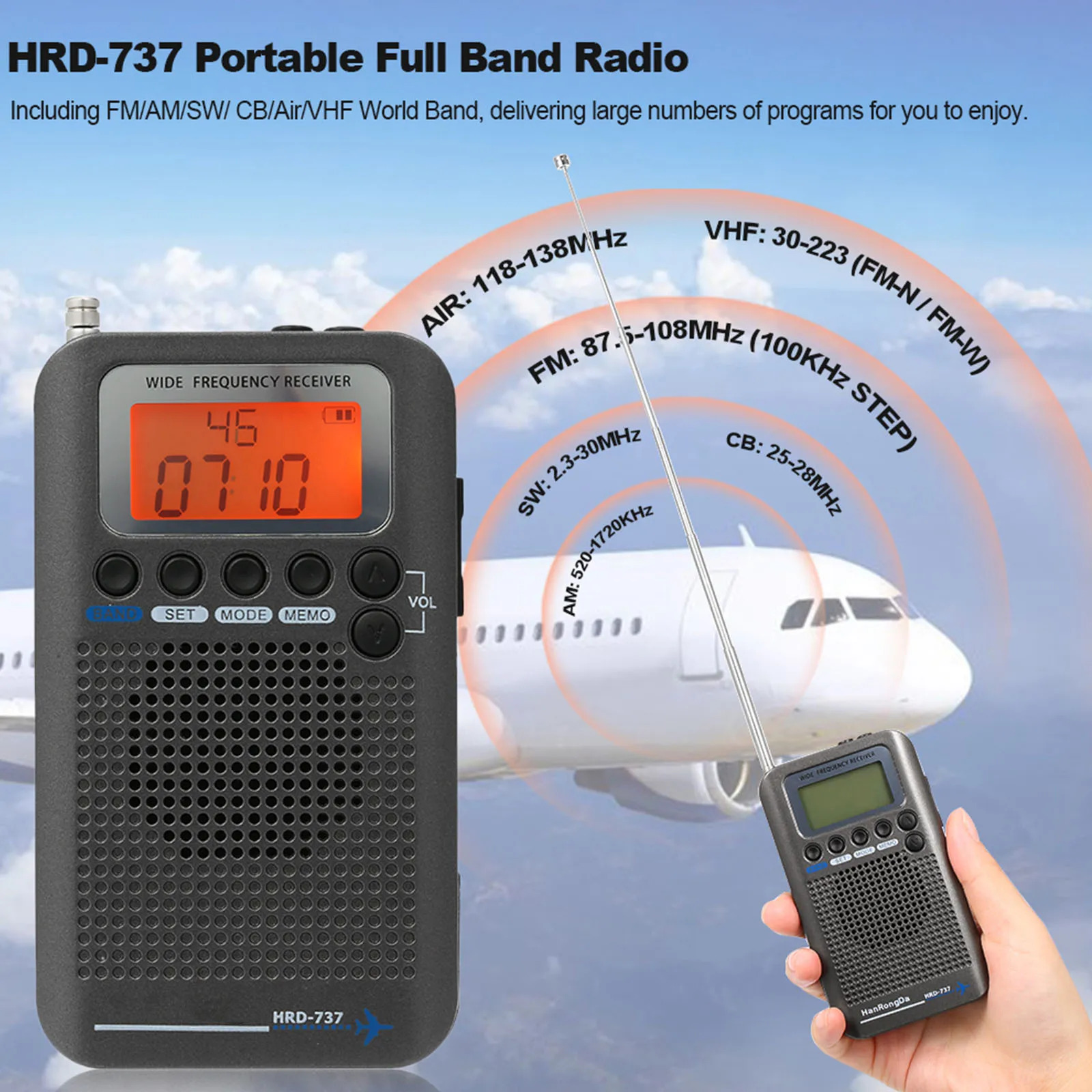 미니휴대용캠핑용레트로라디오 HRD-737 휴대용 풀 밴드 라디오 항공기 리시버 LCD 디스플레이 알람 시계 포함 FM AM SW CB Air VHF 월드... 