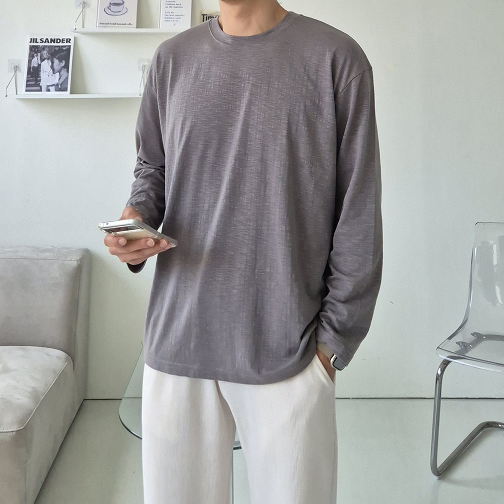 슬라브 무지 티셔츠 오버핏 이너 레이어드 흰티 남자 긴팔티 - 상세 이미지 5