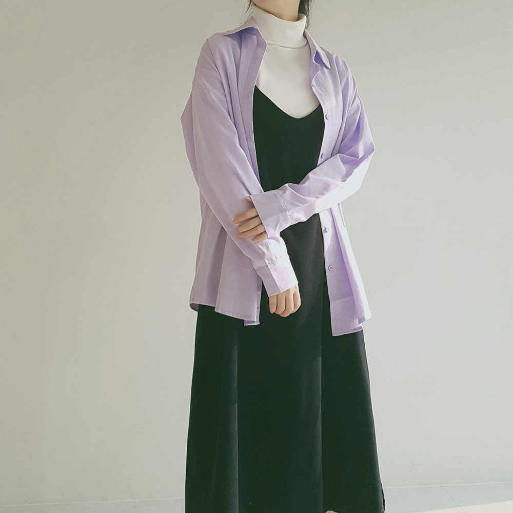 오버핏 여성 면 레이어드 카라 셔츠 봄 가을 루즈핏 남방 소라색 화이트 이미지 6