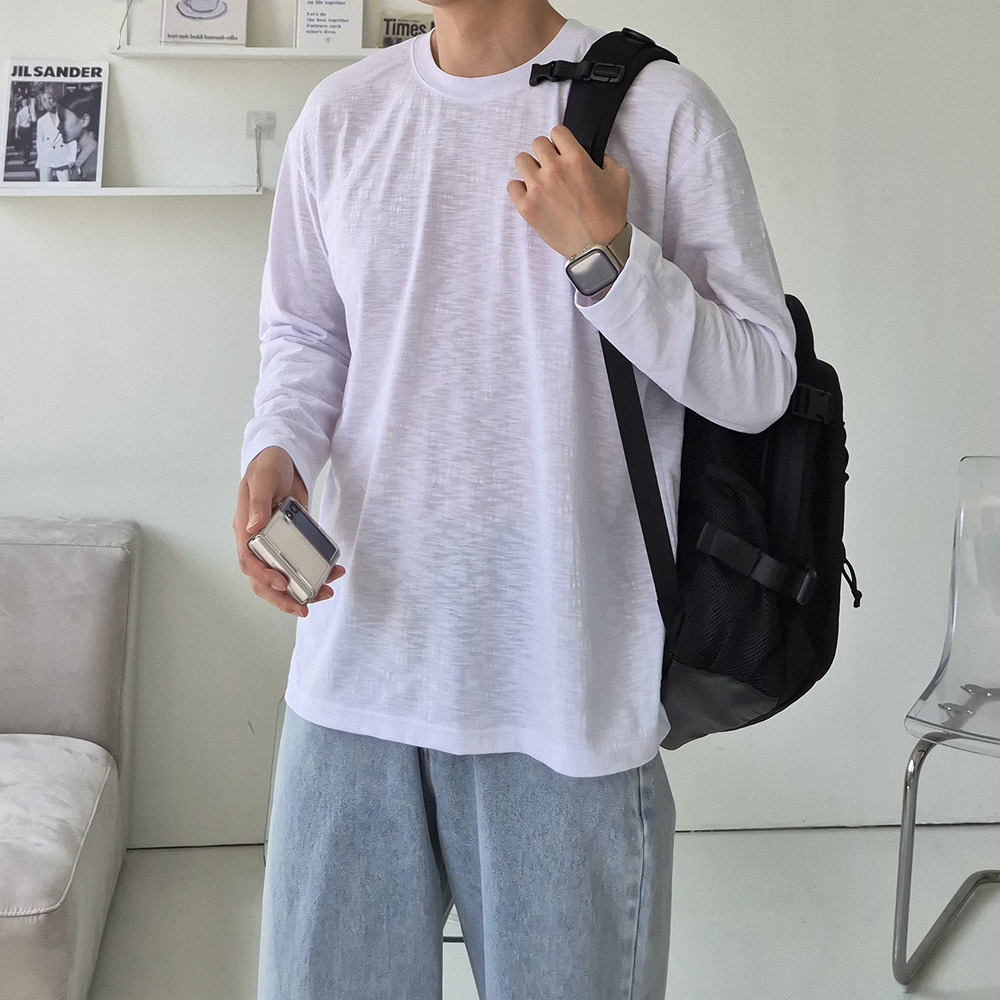 슬라브 무지 티셔츠 오버핏 이너 레이어드 흰티 남자 긴팔티 - 상품 이미지