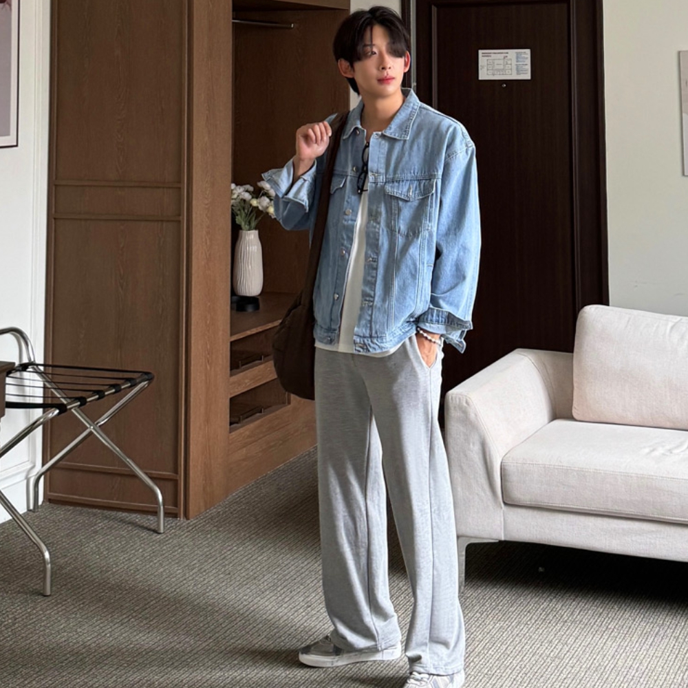 1+1 남자 코레 봄 가을 세미와이드 면 트레이닝팬츠 - 상세 이미지 5